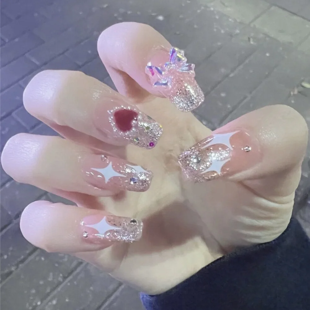 24PCS Press On Nails with Diamond Butterfly Design White Fake Nails Coffin Ballet False Nails Manicure Salon DIY  Full Finished-Nail Inspo