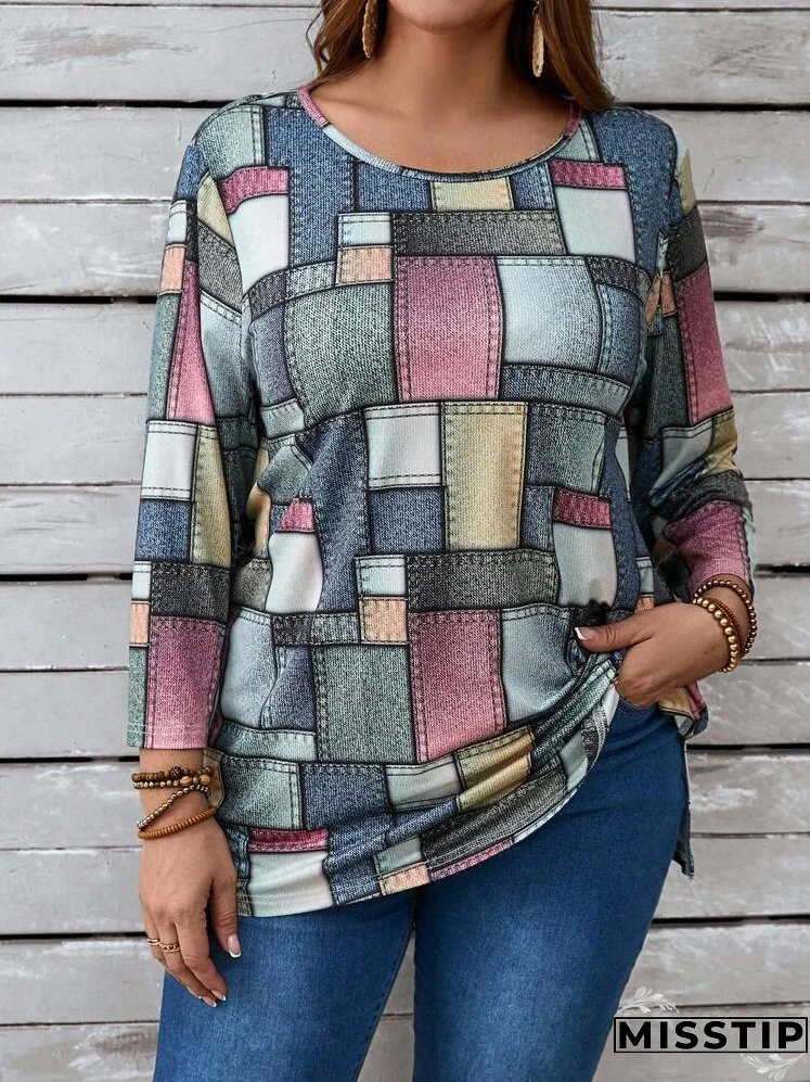 Plus Size Color Block Round Neck Casual Long Sleeve T-Shirt