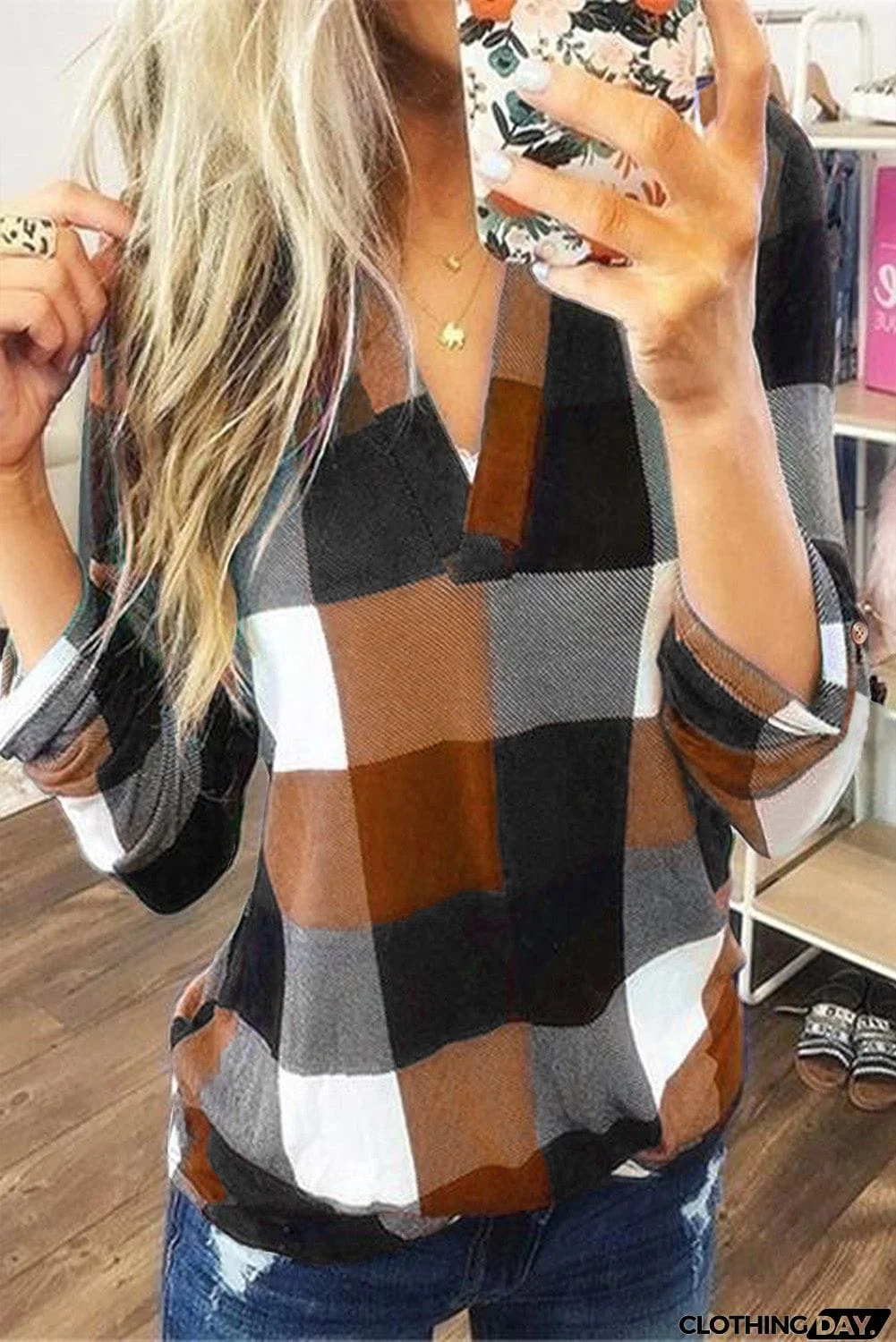 Contrast Plaid V Neck Long Sleeve Top