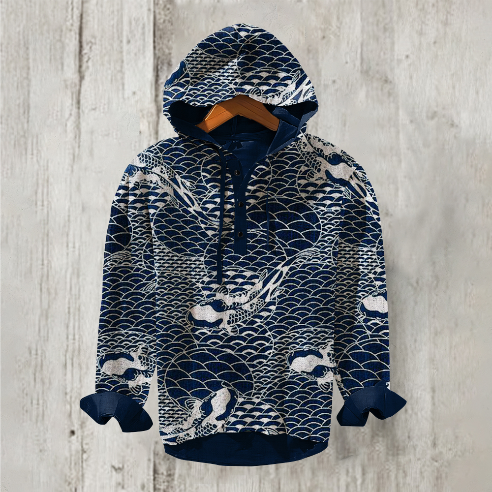 menweary Retro Folk Japanese Patterns Koi Carp Button Linen Blend Hoodie