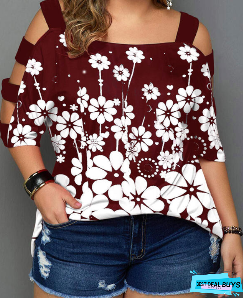 Print Floral Cold Shoulder 3/4 Sleeves Casual Plus Size Blouses