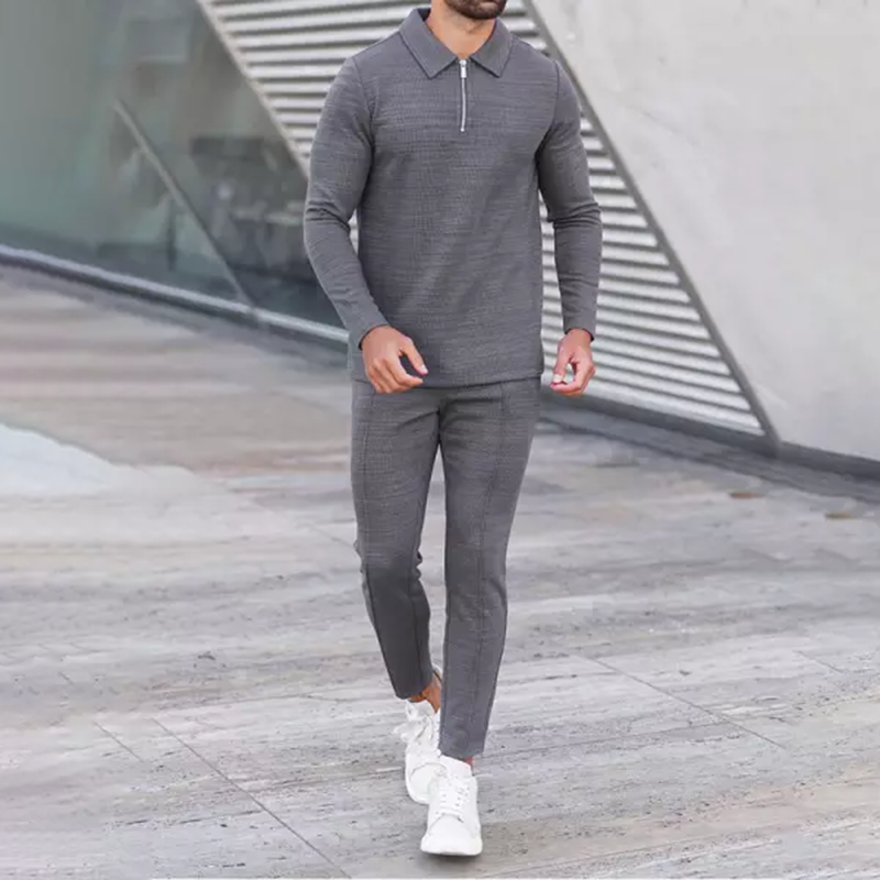 Twist Gray Zip Long Sleeves Polo Shirt And Pants Two Piece Set