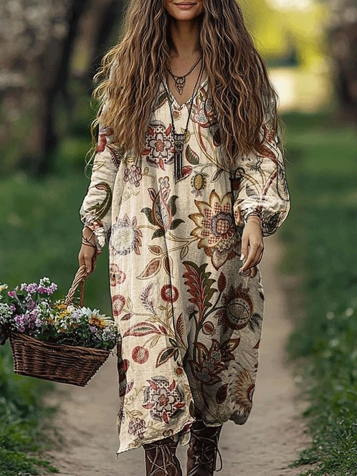Women's Vintage Folk Art Floral Pattern Print Loose V Neck Pocket Cotton Dress