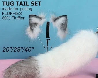 white gray tug tail plug and ear set fluffy fox tail butt plug and ear set  wolf tail buttplug sex toy bdsm cat tail bondage petplay -mature