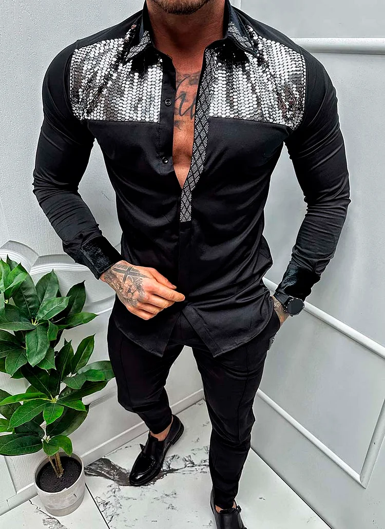 Elegant Black Men's Shirt With Gray Sequins