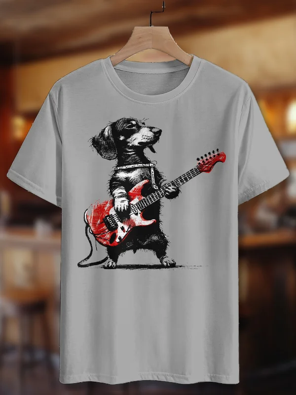 100% Cotton Men's Dachshund Playing Electric Guitar Print Casual T-Shirt
