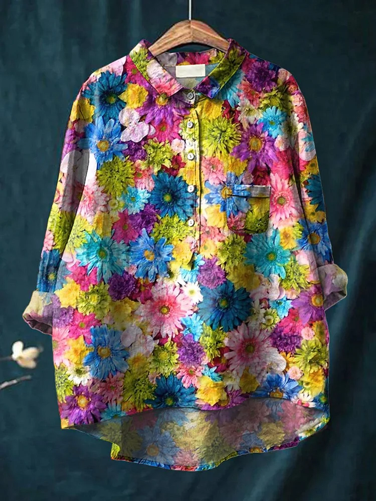 Summer Chrysanthemum Repeat Pattern Printed Womens Casual Cotton And Linen Shirt