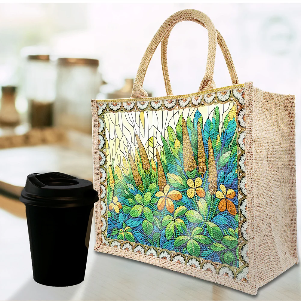 Linen Green Garden Diamond Art Large Capacity Handbag Birthday Gift for Friends