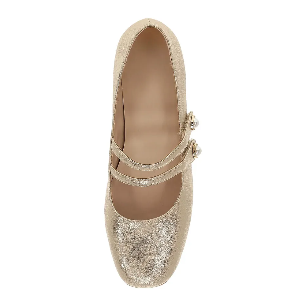 Gold Metallic Square Toe Chunky Heel Mary Jane Shoes with Pearl
