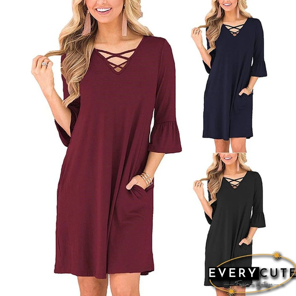 Women's Spring Knitted Lotus Leaf Sleeve V-neck Long Skirt