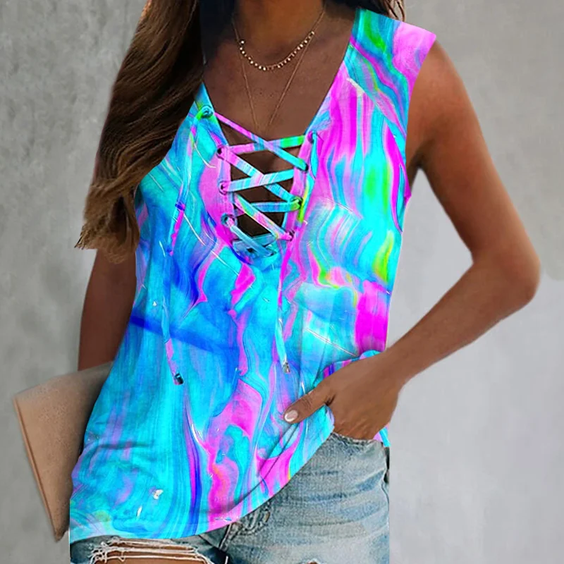 Fashion Color Tie-dye Lace Up Sleeveless T-shirt