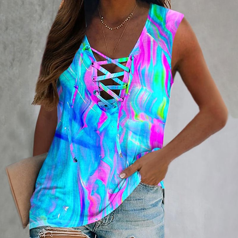 Fashion Color Tie-dye Lace Up Sleeveless T-shirt
