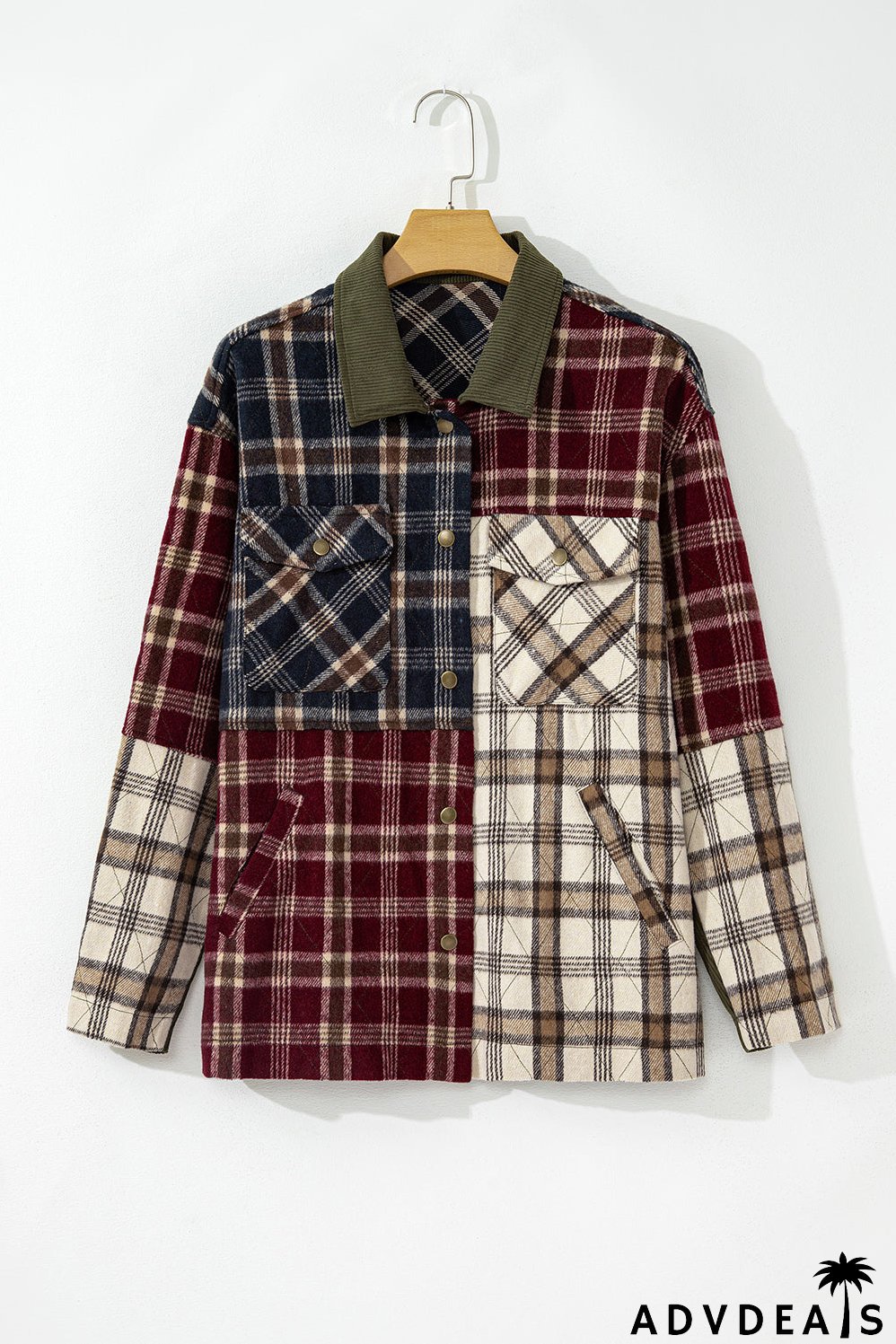 Red Mixed Plaid Patchwork Retro Shacket