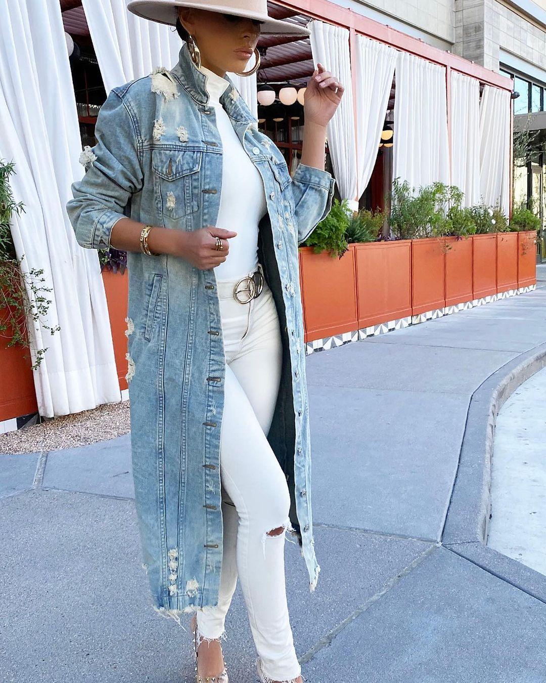 Plus Size Blue Casual Blue Ripped Turndown Collar Long Sleeve Regular Jean Ankle Length Outerwear Coat