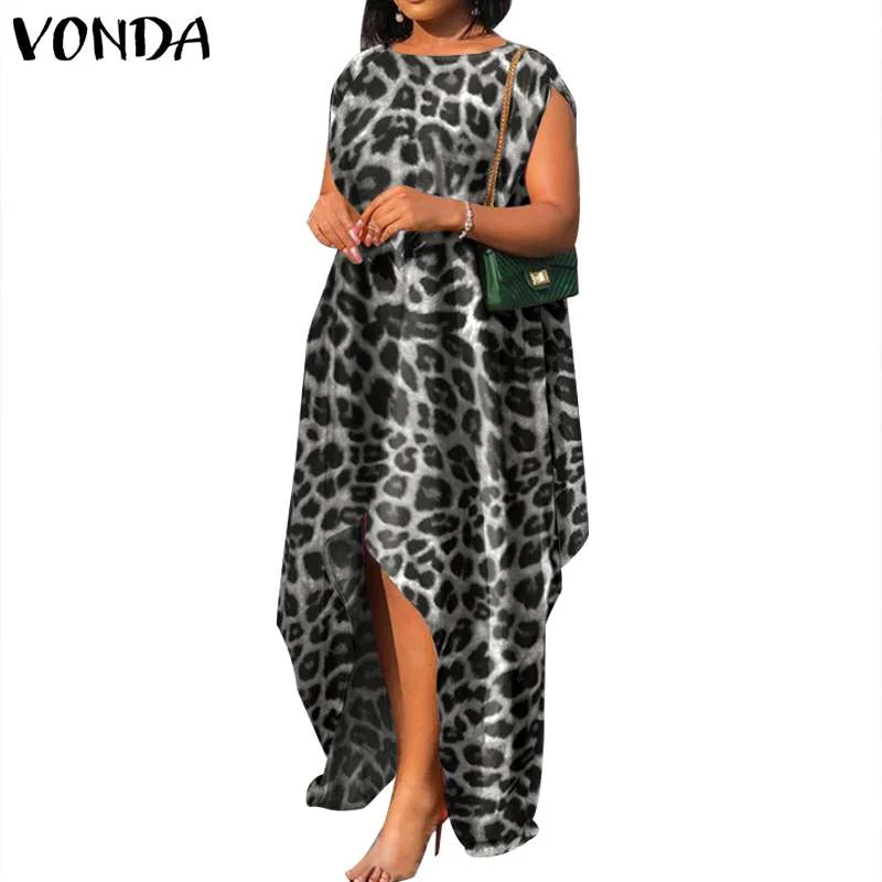 VONDA Women Long Dress Vintage Leopard Print Dresses Sexy Sleeveless Irregular Hem Tank Robe Bohemian Vestido  Sundress