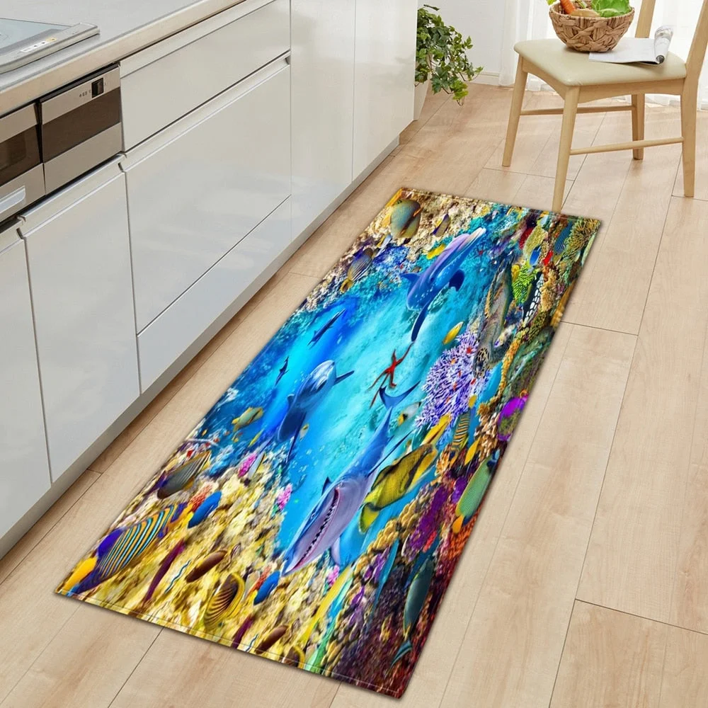 3D Underwater World Kitchen Mat  Entrance Doormat Bedroom Floor Decoration Living Room Carpet Bathroom Non-Slip Rug Long Strip