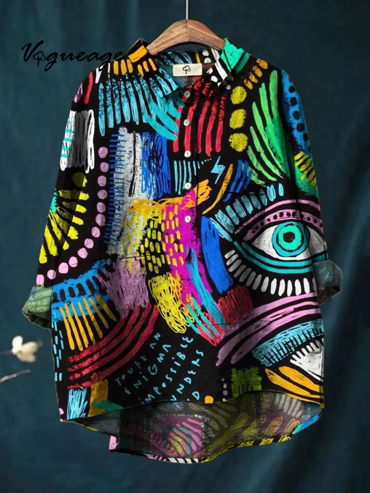 Color Line Eyes Printed Cotton And Linen Shirt