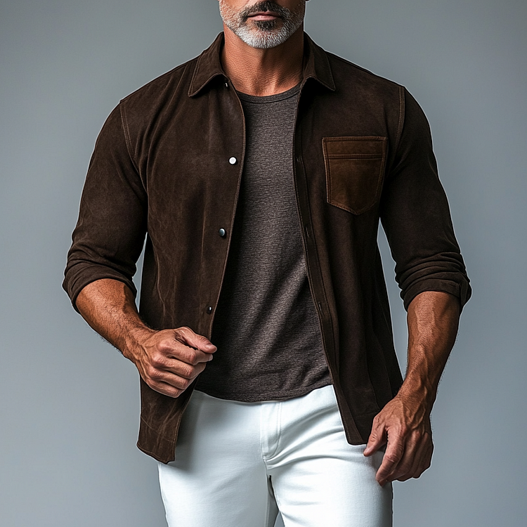 Mens Casual Suede Chest Pocket Single Breasted Long Sleeve Shirt-inspireuse