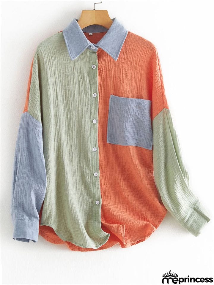 Vibrant Women's Contrast Color Lapel Long Sleeve Button Down Shirt