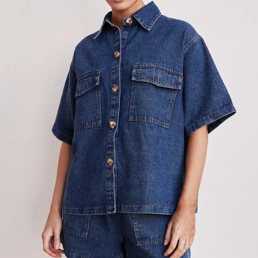 Women's Retro Casual Loose Pocket Short-sleeved Shirt Shorts Denim Two-piece Set
