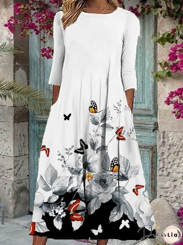 Casual Dress Shift Dress Swing Dress Midi Dress Black White 3/4 Length Sleeve Floral Ruched Summer Spring Crew Neck Fashion S M L XL XXL 3XL for Women