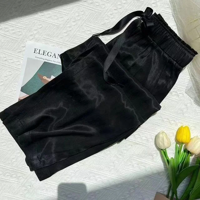 Summer Thin Wide Leg Pants Draping High Waist Drawstring Casual Loose Straight Leg Pants Ice Silk Loose Trousers