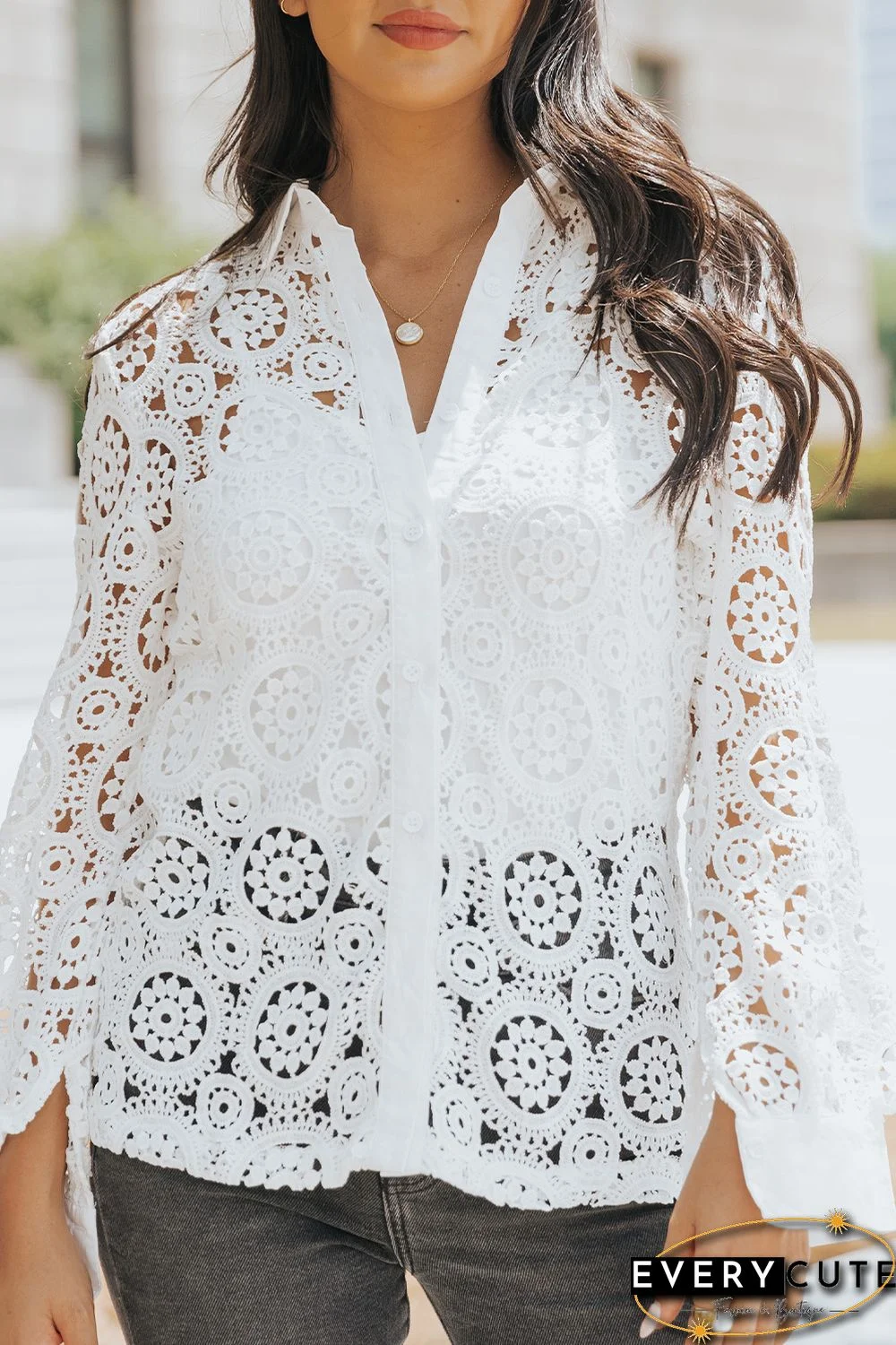 White Crochet Lace Hollow-out Turn-down Collar Shirt