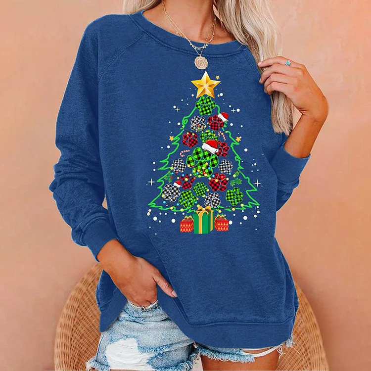 Wearshes Christmas Tree Print Crew Neck Sweatshirt