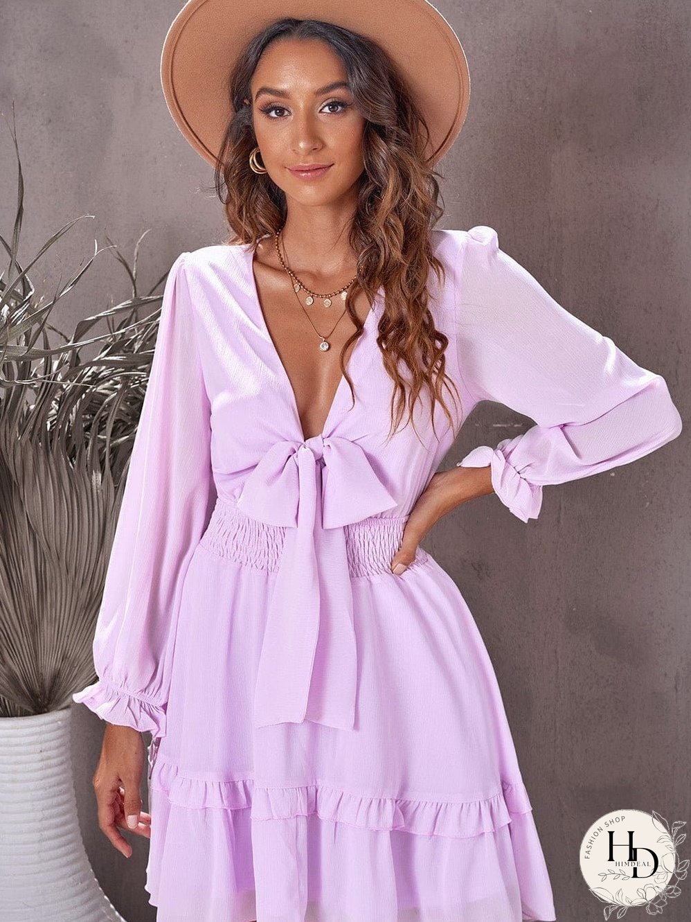 Lantern Sleeve Knotted Tiered Mini Dress with Deep V Neck