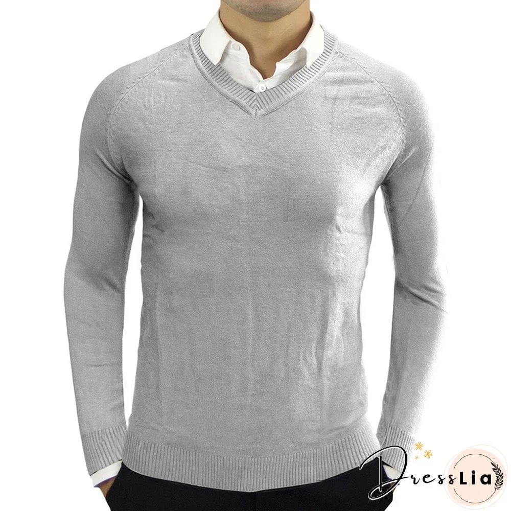 Men V Neck Long Sleeve Knitted Pullover Sweater