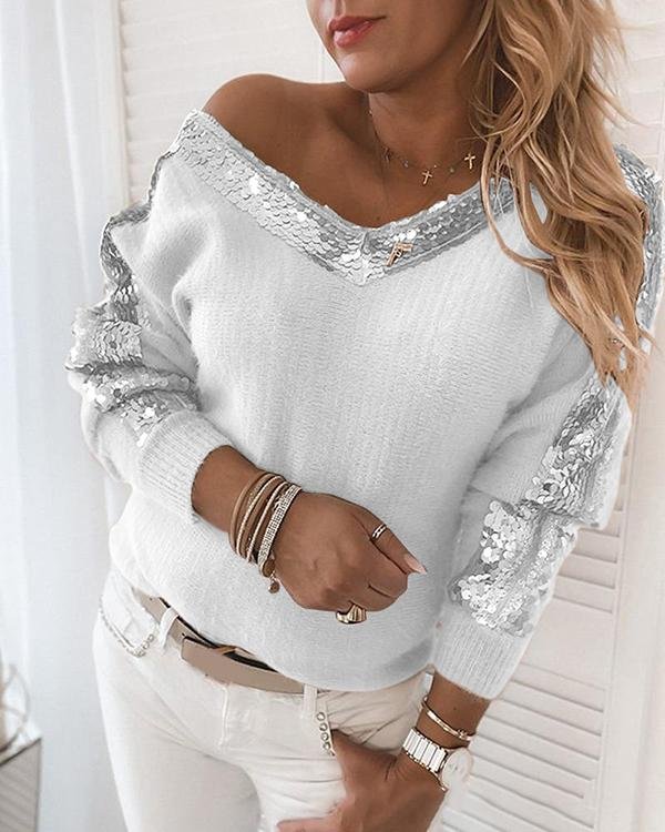 Sequins V-Neck Casual Sweaters - Chicaggo