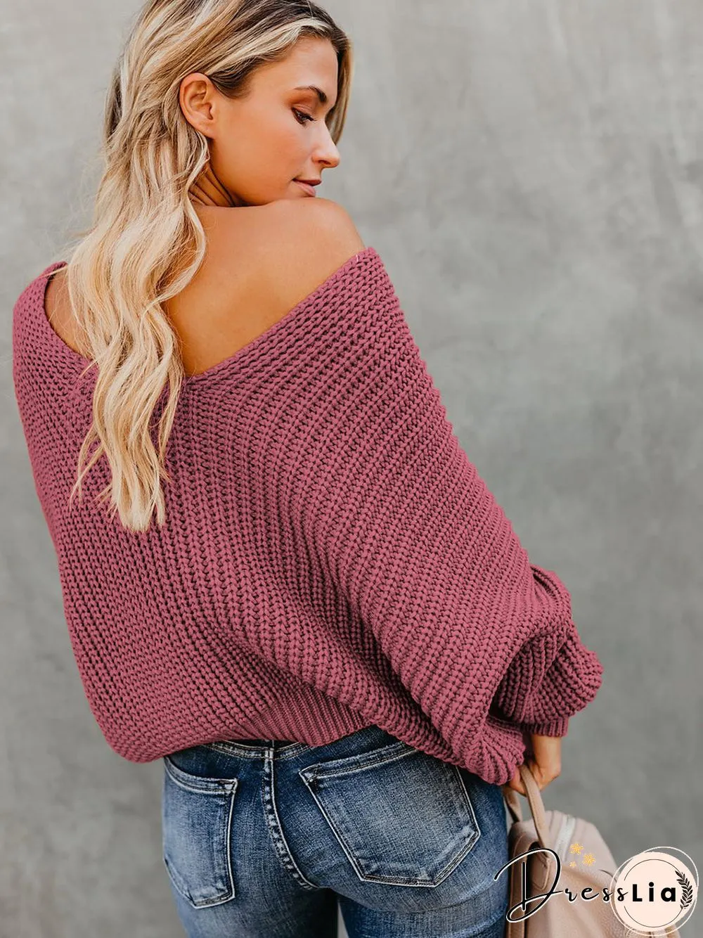 Indianred Loose Long Sleeve Knit V-Neck Sweater