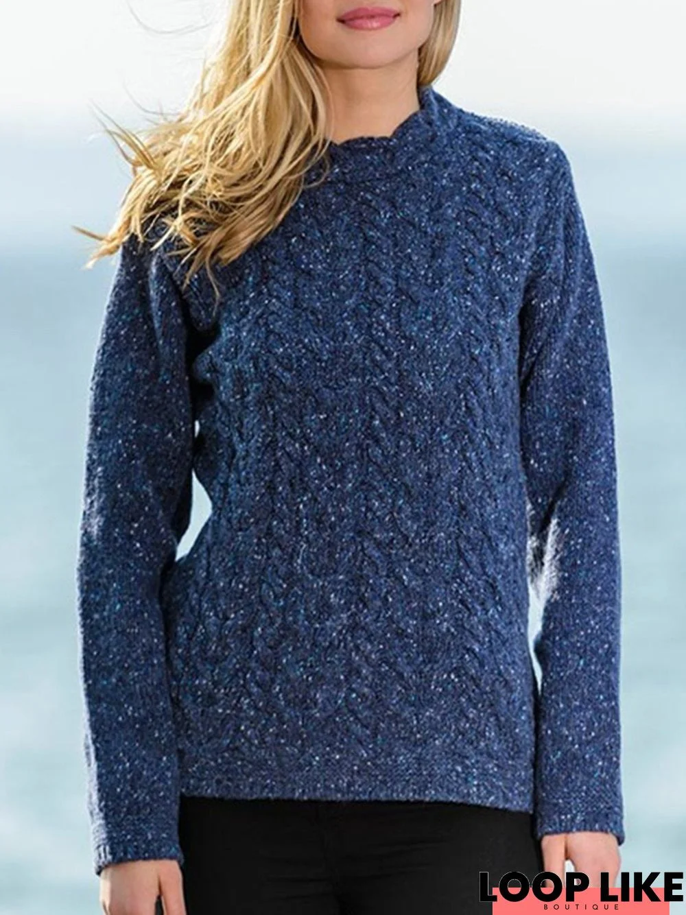 Blue Knitted Long Sleeve Plus Size Sweater