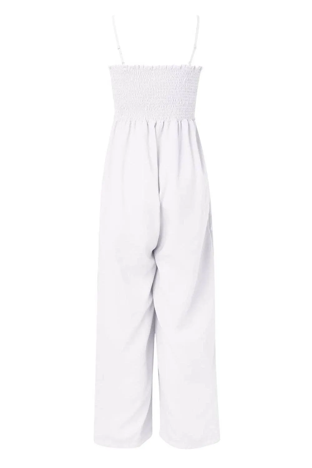 Smocked Spaghetti Strap Wide Leg Jumpsuit - Pocketed
