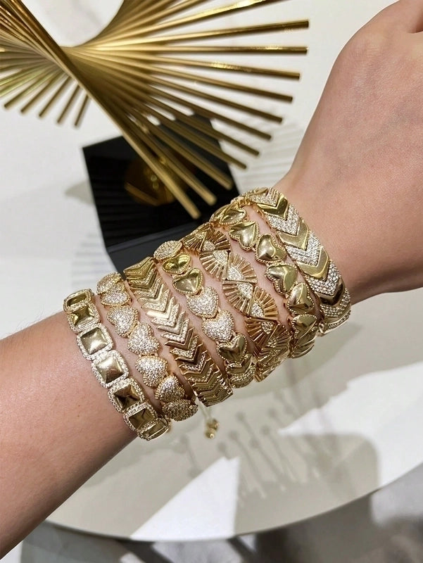Brass 18K Gold Plated Drawstring Sector Square Heart Shape Zircon Drawstring Bracelets