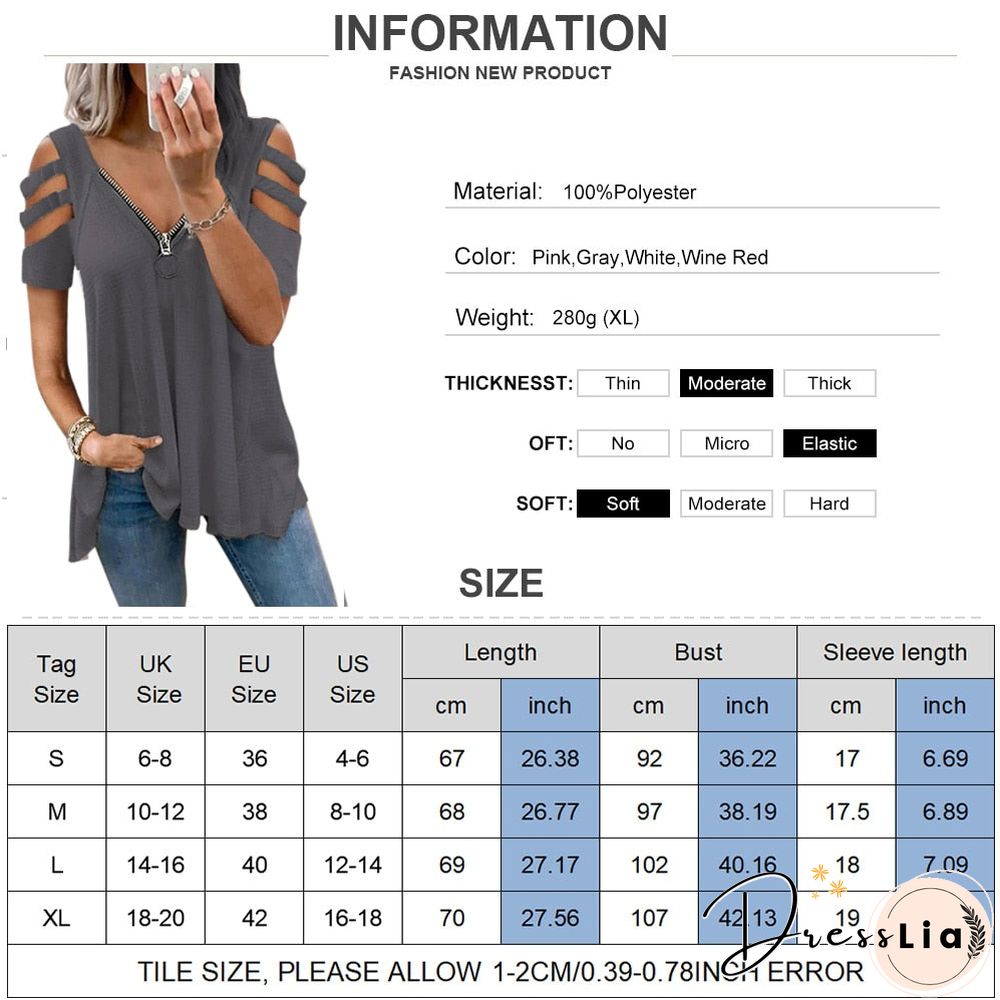 Summer Hollow Out Short Sleeve T-Shirts Women Sexy Zipper V-Neck Casual Ladies Tops Fashion Female Streetwear Blouse Tee D30