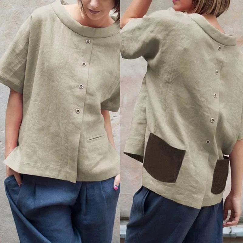 Oversized Vintage Cotton Tops Women Blouses Short Sleeve Buttons Casual Shirts Pockets Loose Tops