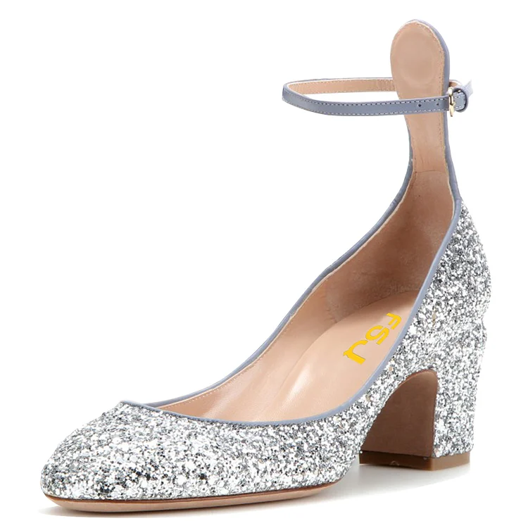 Silver Glitter Shoes Ankle Strap Chunky Heel Pumps |FSJ Shoes