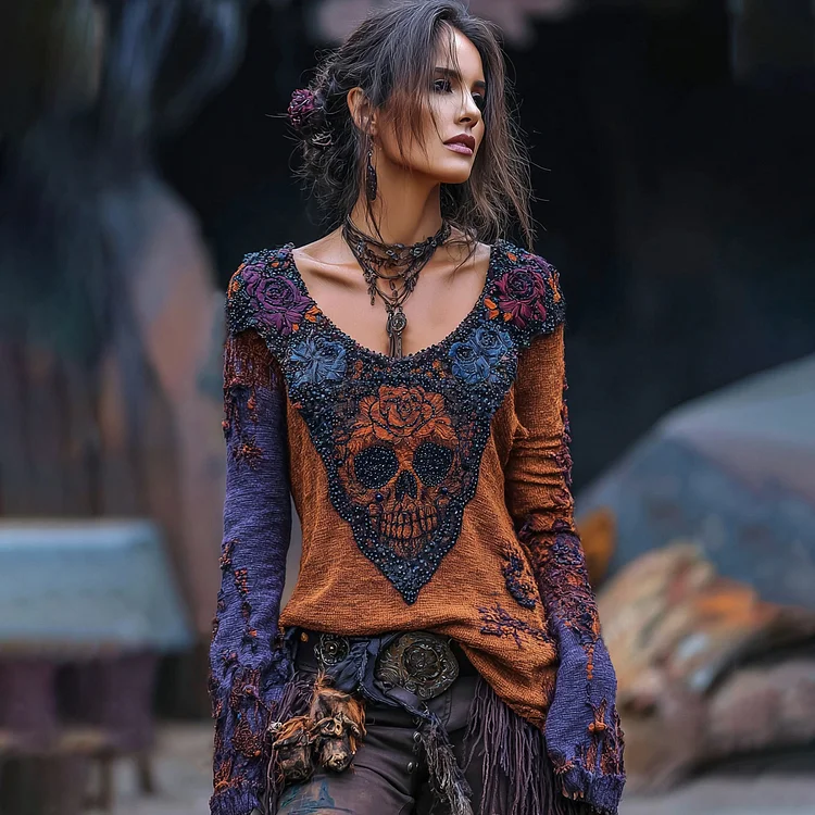 Rose Skull Contrast Round Neck T-shirt