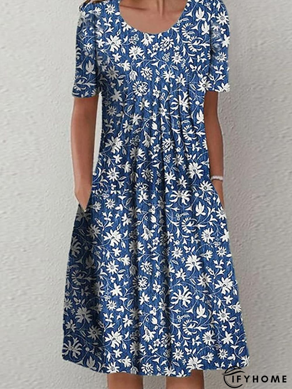 Women's Casual Dress Floral Dress Print Dress Floral Pocket Print Crew Neck Midi Dress Active Fashion Outdoor Home Short Sleeve Loose Fit Blue Dark Blue Spring Summer S M L XL XXL | IFYHOME