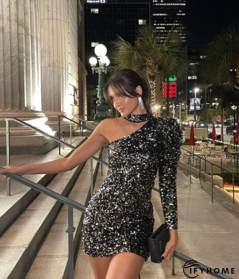 Women Beading Sequined Dress Asymmetrical Design One Shoulder Sleeve Mini Dresses | IFYHOME