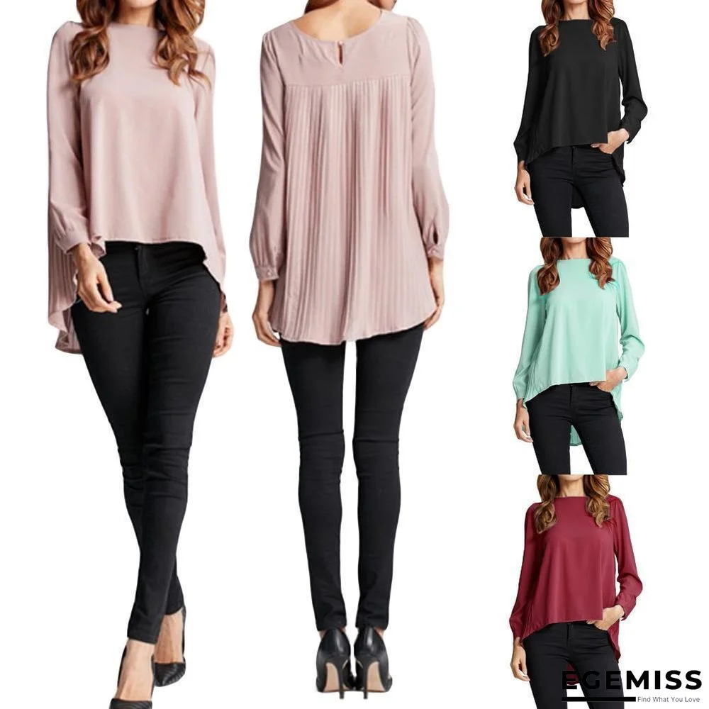 Chiffon Blouse Pleated Back Long Sleeve Asymmetric Shirt Loose Casual Plus Size Tops | EGEMISS