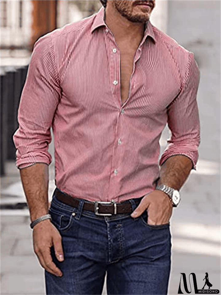 MidiSono - Men's Fashionable Thin Stripe Casual Lapel Formal Shirts