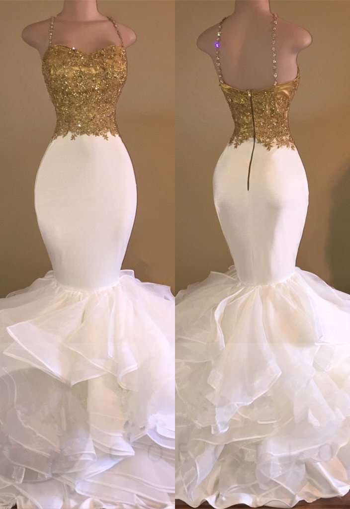 Luluslly Spaghetti-Straps Gold Appliques Mermaid Prom Dress Sleeveless