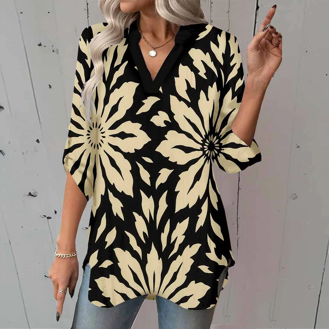 Women Floral, Black, Khaki DZGA0134 3/4 Sleeve V-neck Printed Graphic Button Tops