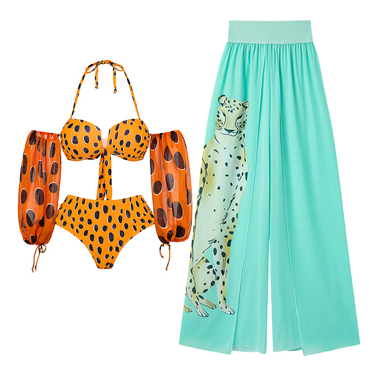 Leopard Printed puff sleeve Bikini Swimsuit and Pants