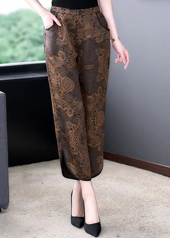 Fashion Coffee Elastic Waist Pockets Side Open Print Silk Crop Pants Summer