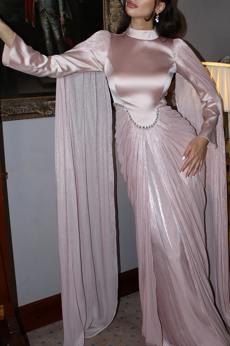 Rhinestone Cape Sleeve Ruched High Neck Party Maxi Dresses