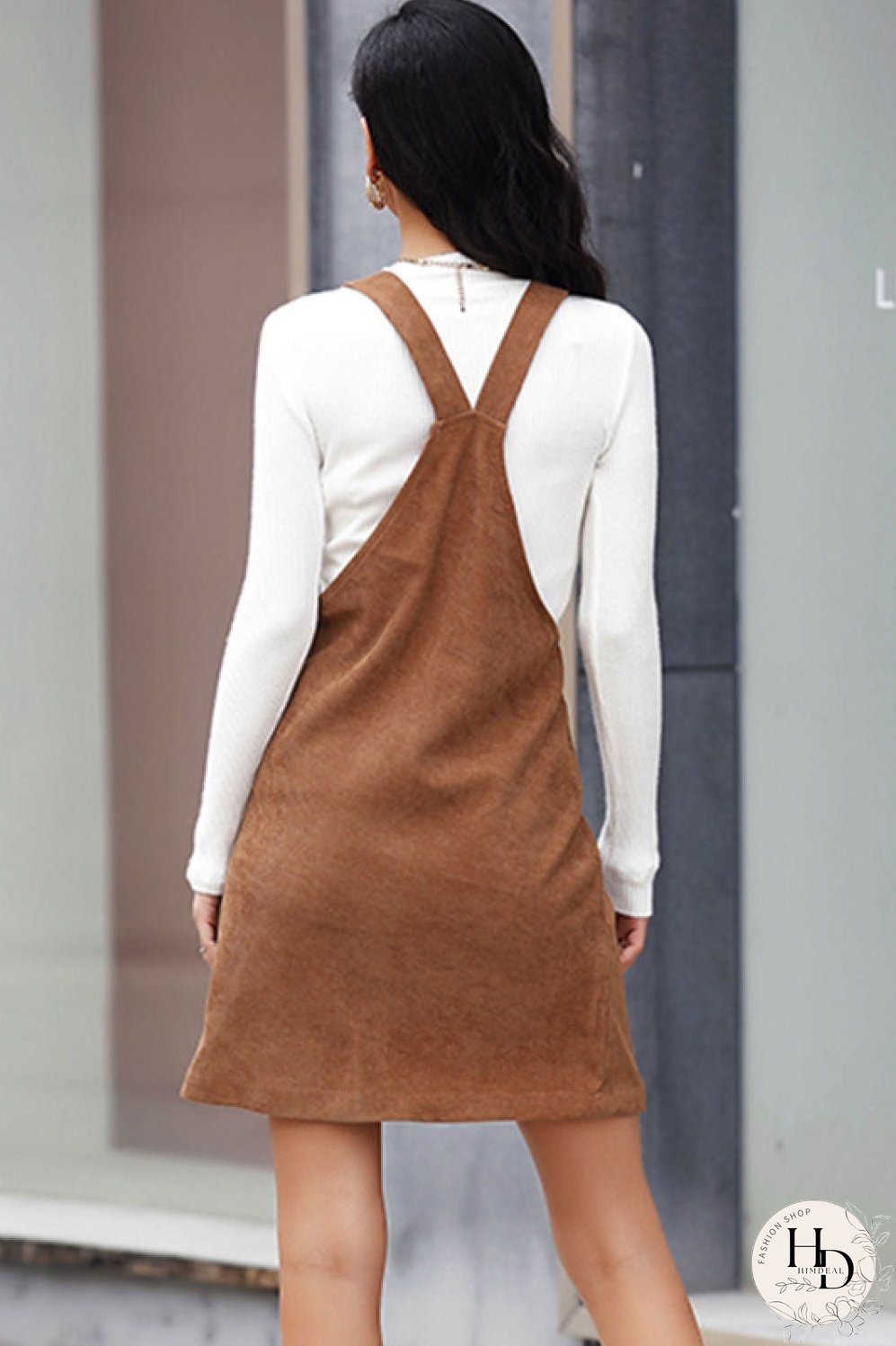 Corduroy Mini Overall Dress with Pocket