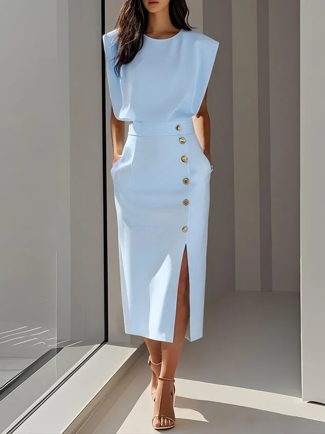 Button Slit Round Neck Fashion Midi Dress
